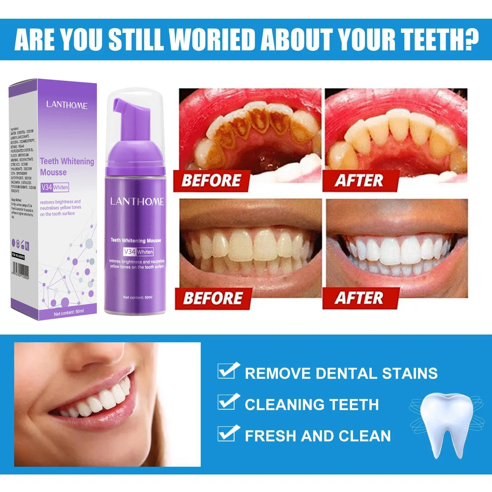 V34 Mousse sbiancante per dent - Teeth Whitening Xylitol recensione e prezzo